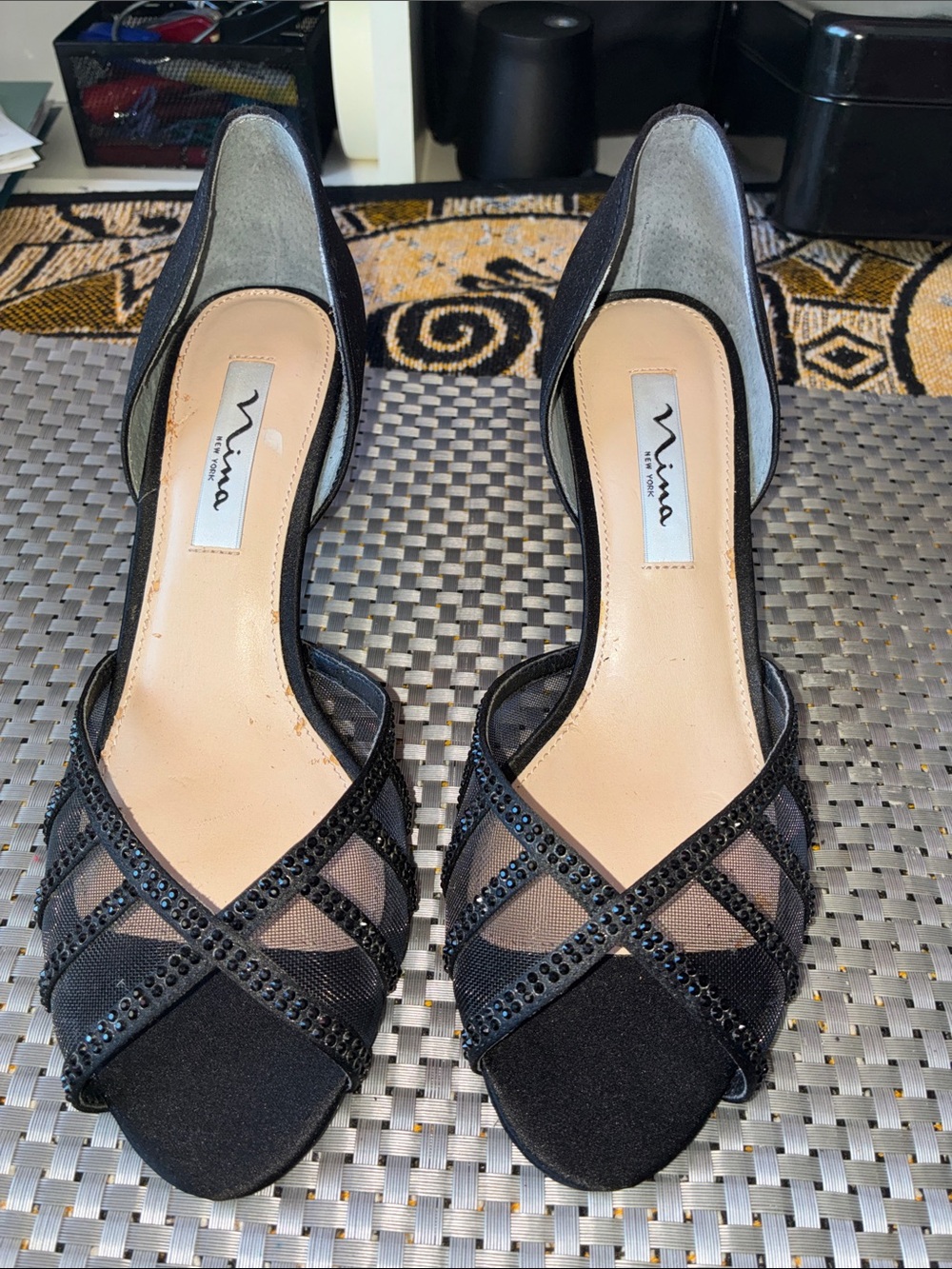 Nina Black Embellished Peep-Toe Heels